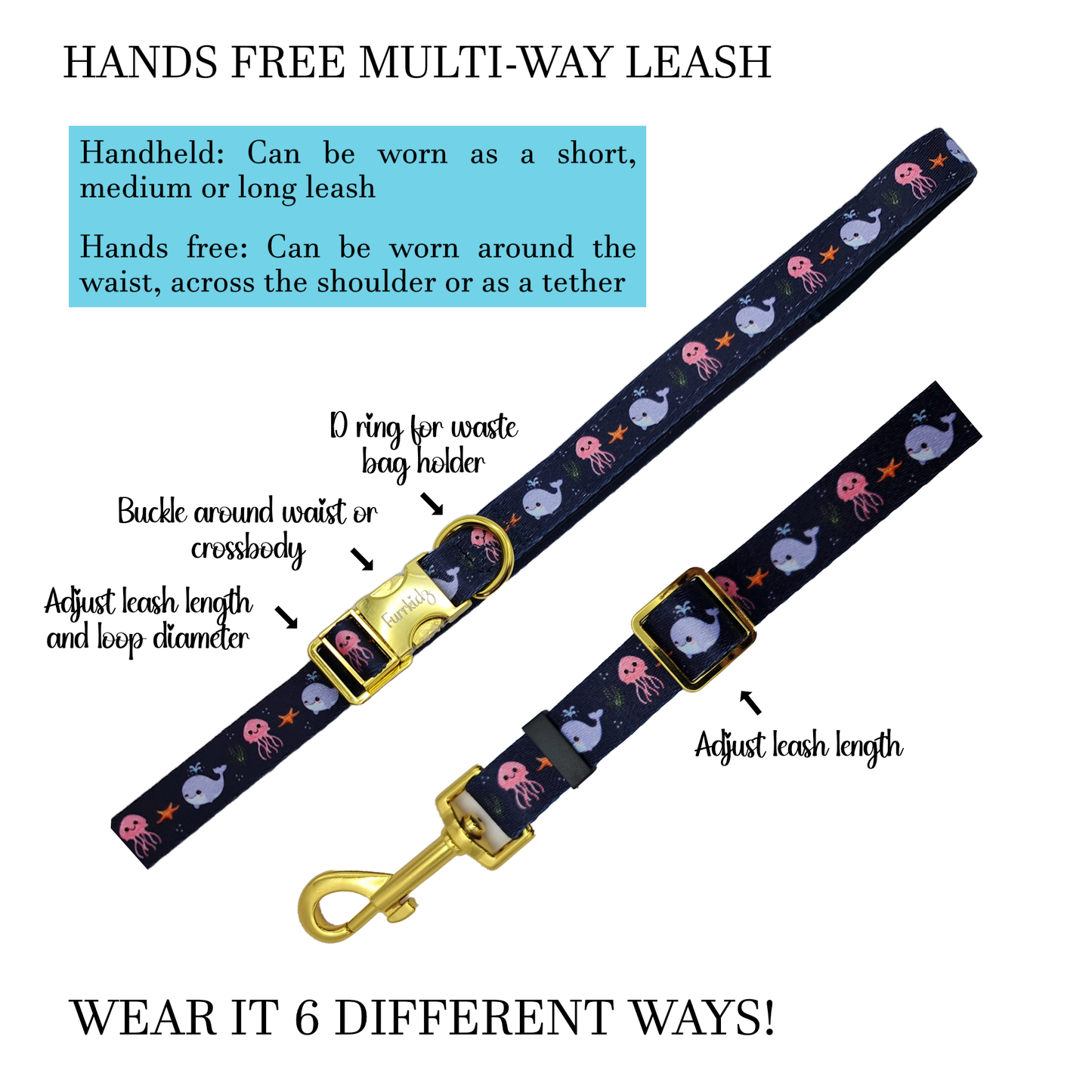 FURRKIDZ Hands Free Multi Way Leash 6 in 1 Adjustable Leash for Dogs - Under The Sea