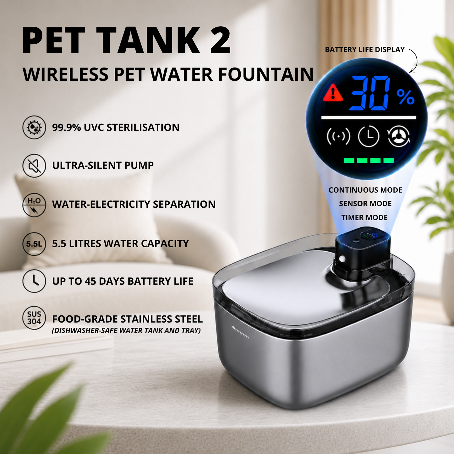 PET TANK 2 WIRELESS STAINLESS STEEL 5.5L (UVC) PET WATER FOUNTAIN